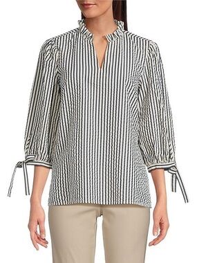 Ali Miles Navy and White Striped Split-Neck Blouse